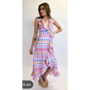 New Never A Wallflower Pastel Plaid Ruffle‎ Wrap Maxi Dress M